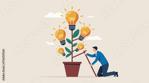 Man watering a plant bearing lightbulb ideas