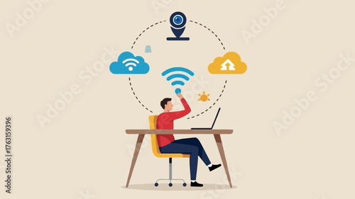 Man connects to cloud services via wi fi