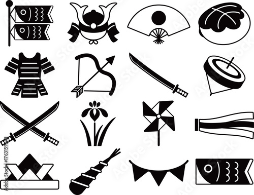 端午の節句のアイコン16種セット　モノトーン