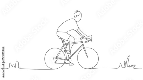 Line art drawing of a person riding a bicycle