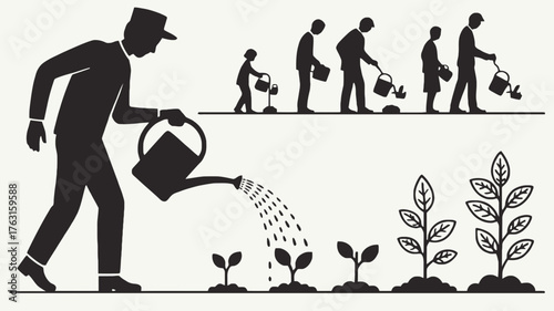 Generations watering plants growth metaphor