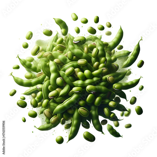 Green bean seeds floating isolated on white background