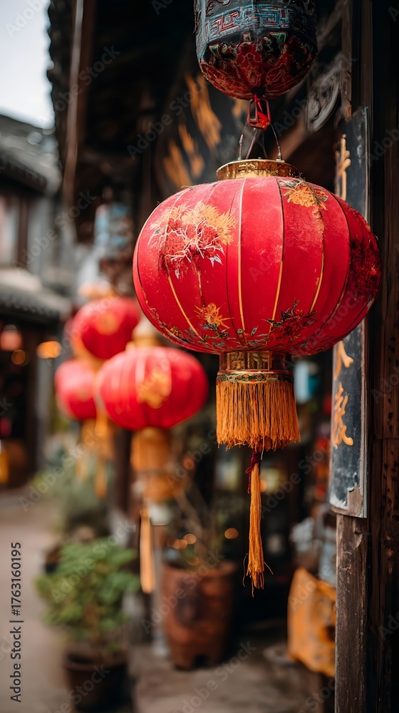 Naklejka premium lanterns glowing softly against a backdrop of old wooden architecture and cultural patterns
