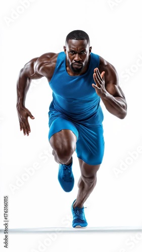 Strong athlete sprints in bright blue outfit on white background