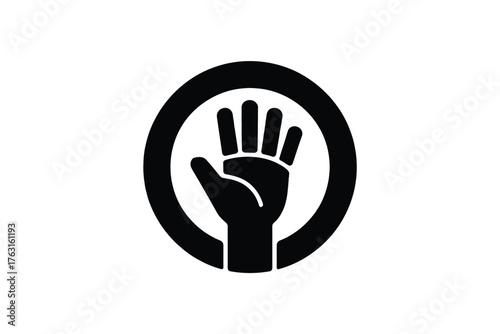 A black silhouette of a hand with fingers spread within a black circle on a white background.