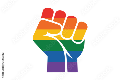 A fist clenched in solidarity, colored with the rainbow flag symbolizing LGBTQ+ pride.