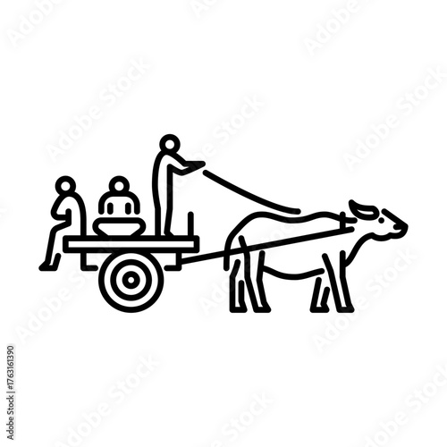 Buffalo Cart outline icon. Buffalo and Cart line art illustration.