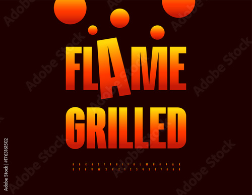 Vector Hot emblem Burger and Sauce. Fire patter Font. Color gradient Alphabet Letters and Numbers set