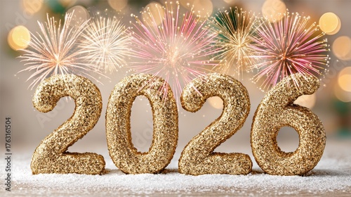 Celebrate the New Year with vibrant fireworks and sparkling 2026 numbers, creating a festive atmosphere filled with joy and anticipation.
