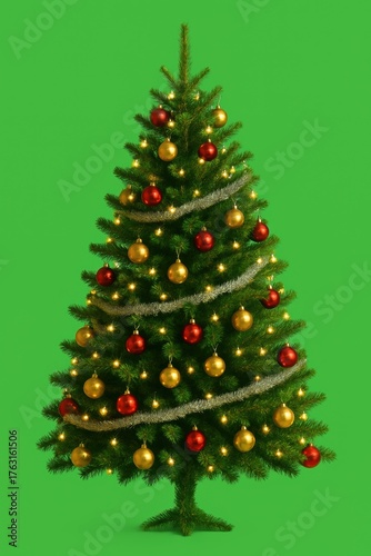 A beautifully decorated Christmas tree with vibrant ornaments and lights, set against a bright green background.