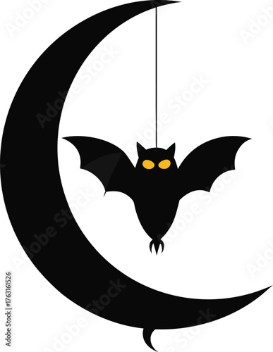 Bat silhouette hanging upside down from crescent moon isolated on white for Halloween.
