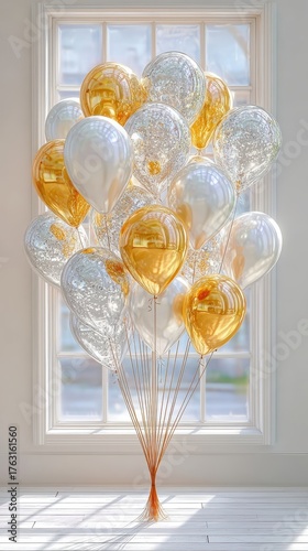 A vibrant collection of golden and clear balloons floating against a bright window, perfect for celebrations and events.