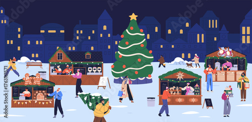 Christmas fair, winter holiday market, festive street bazaar. Happy people shopping at urban outdoor booths at city square, New Year. Seasonal advent stalls, Xmas tree. Flat vector illustration