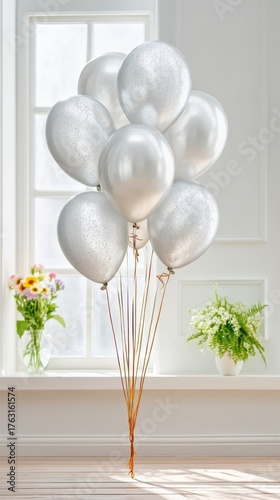 A cluster of shimmering silver balloons in a bright, modern room, surrounded by greenery, perfect for celebrations.