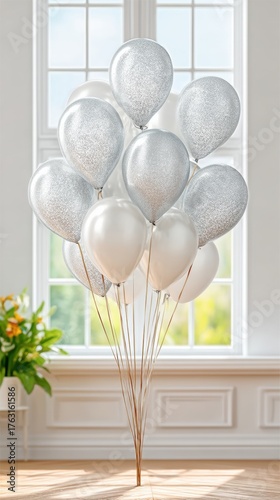 A bouquet of silver and white balloons floating against a bright window, creating a festive and cheerful atmosphere.