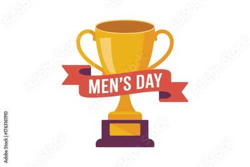 A golden trophy with a ribbon that says "MEN'S DAY" is displayed on a white background.