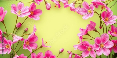 Pink eustoma flowers form a frame, leaving a central empty space on a green background , top view, invitation