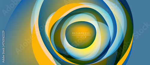 Abstract circular layers, vibrant colors blend. Yellow, blue, green create dynamic visual effect. Modern design element.