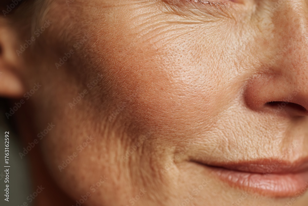 Fototapeta premium Middle-Age Skin macro close-up of middle-aged woman’s cheek with fine lines and natural skin texture