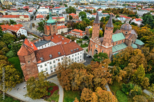 Aerial View of the Medieval Cathedral in Płock Surrounded by Historical Buildings and Autumn Foliage