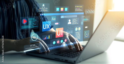 UX-UI design web and user design development.Holographic UIUX, display icons of UX-UI designer, creative planning, data visualization. Web design, application design,coding develop.	