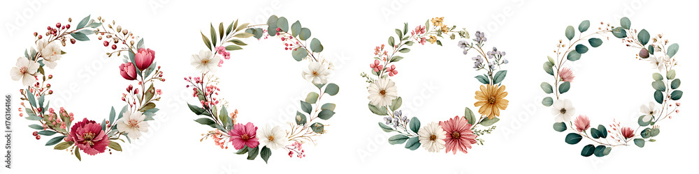 Fototapeta premium Watercolor Floral Wreaths for Wedding Invitation Design