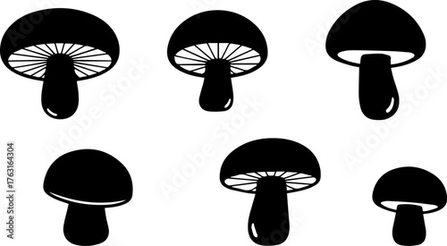 Black and White Mushroom Illustrations with Detailed Cap and Stem.