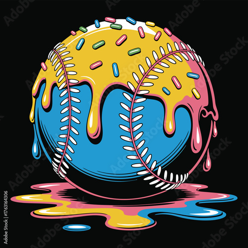 Blue baseball ball with yellow pink icing and sprinkles vector