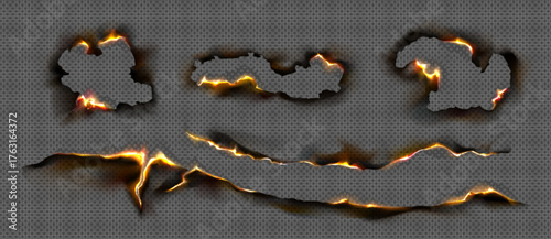 Paper burn edge collection with glowing fire borders and charred holes on transparent backgrounds for realistic damage effects. Isolated smoldering orange light design elements on black torn shapes.