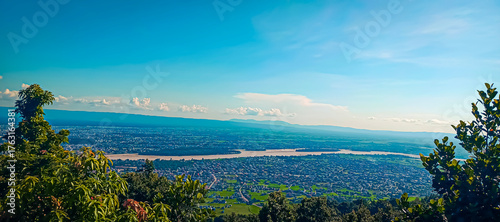 Panoramic View of a City with River from Mountain Lookout Point