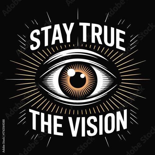 Bold graphic illustration of an eye with radiating lines and text vision