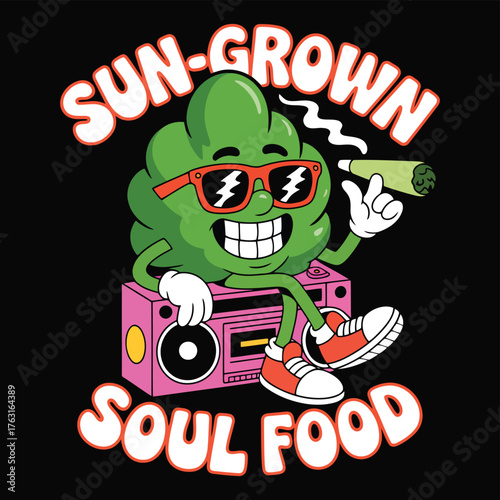Cartoon cannabis bud character with sunglasses smoking on boombox vector