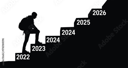 Silhouette of a person climbing stairs with years 2022 to 2026, symbolizing progress, growth, and future goals