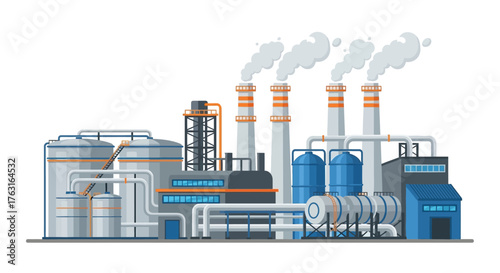 Industrial factory with smokestacks emitting smoke on a white background