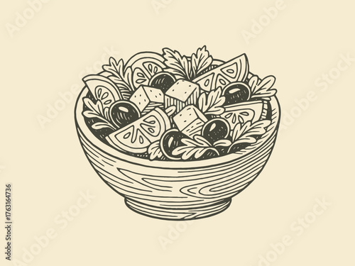 Greek salad with feta and olives engraving style vector illustration