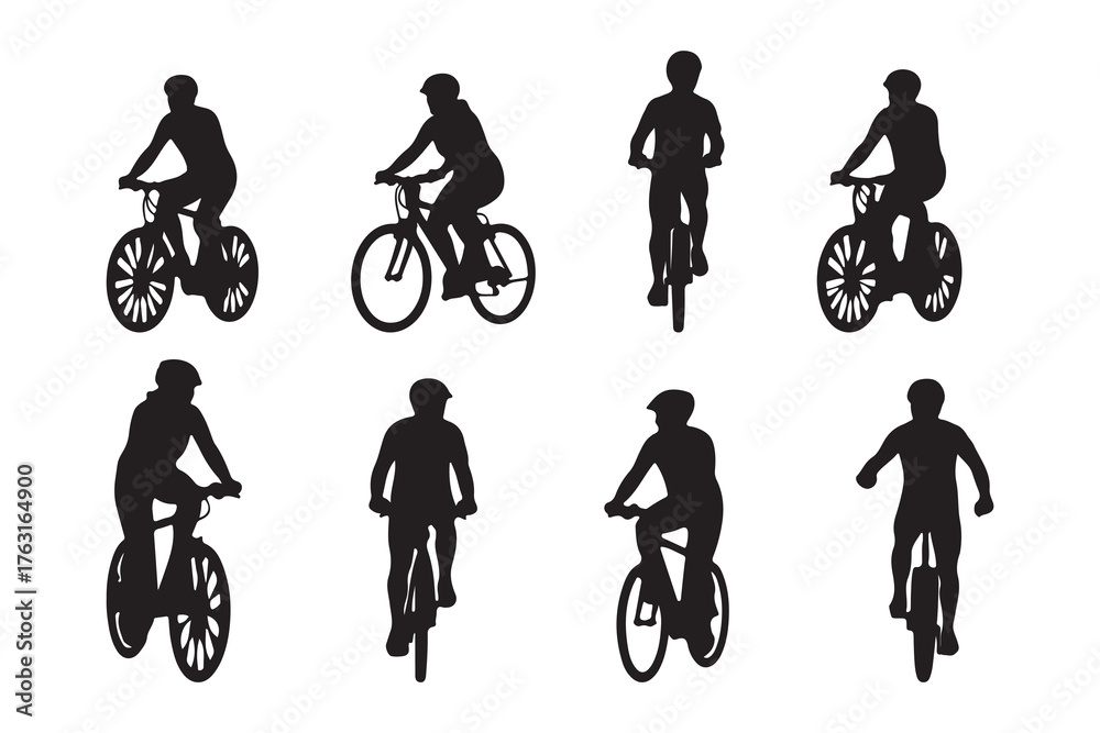 Fototapeta premium Black silhouettes of people on bikes cycling in action for sport illustrations
