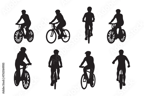 Black silhouettes of people on bikes cycling in action for sport illustrations