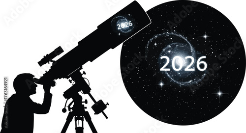 A man is looking through a telescope to year 2026 in future, a symbol of future and hope