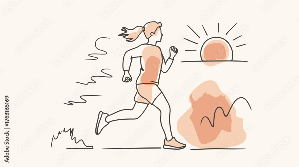 Obraz premium Woman running at sunrise with heart rate graph