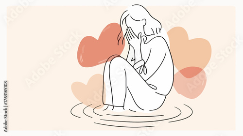Sad woman surrounded by abstract hearts sketch