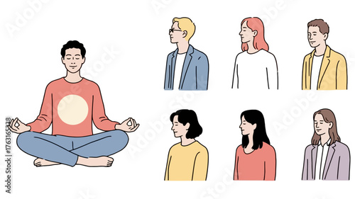 Meditating man and diverse group of people