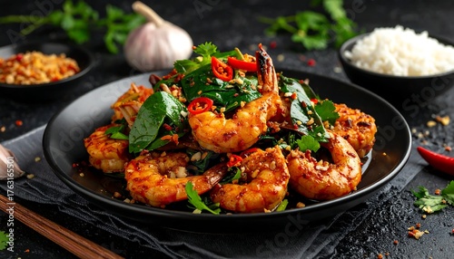 Spicy shrimp stir-fry with spinach, served on black plate