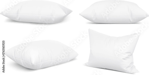 White pillows set isolated on background. Vector realistic illustration of clean 3d cushions with soft shadows, comfortable orthopedic pillows mockup, front and side view, home textile for branding