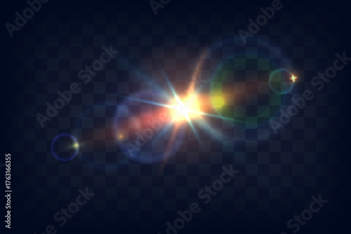 Bright light reflections and lens effects on a dark background