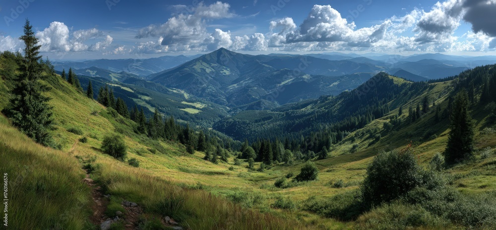 Naklejka premium Expansive mountain landscape featuring lush green valleys, towering peaks, and a vibrant sky filled with fluffy clouds, showcasing the beauty of nature and tranquility