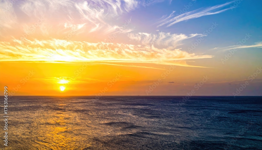Obraz premium Dramatic sunset over calm ocean, vivid colors painting the sky