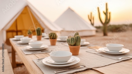 Wallpaper Mural Casual holiday get together, A beautifully set outdoor dining table with minimalistic tableware, cactus plants, and glamping tents in the background during sunset. Torontodigital.ca