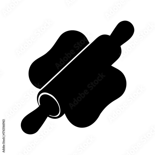 Rolling pin spreading dough on a white background in black and white