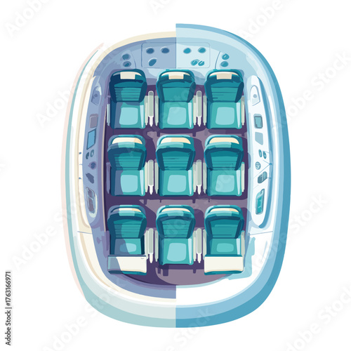 Illustration of a single airplane seat in a flat lay perspective isolated on white background