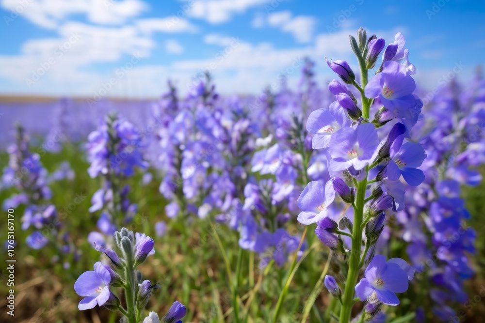 Fototapeta premium Purple toadflax flowers blooming in a field, creating a vibrant display of color against the backdrop of a clear blue sky